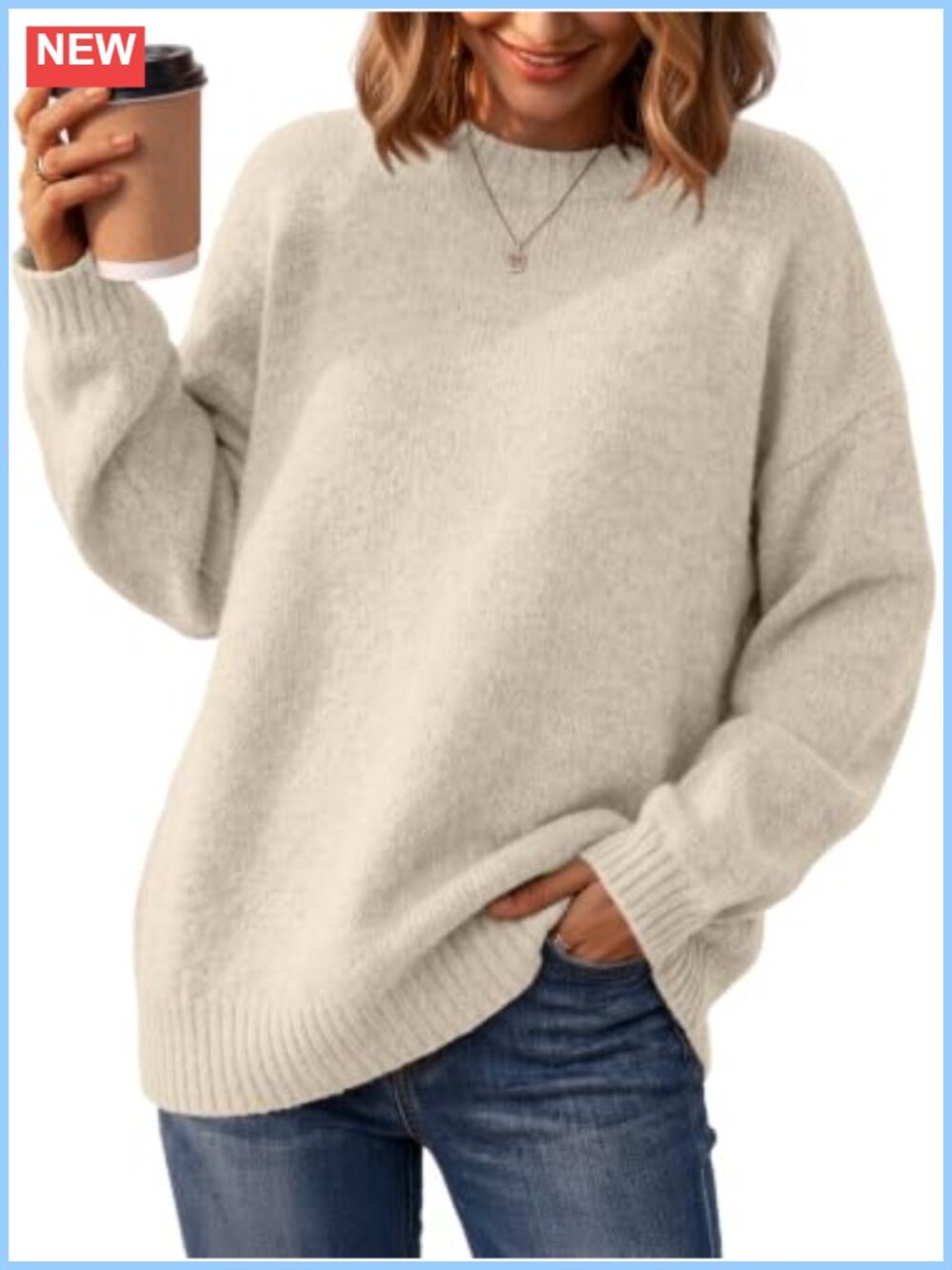 Oversized Crewneck Pullover Sweater Cozy Knit Fall Winter Casual Tunic Top